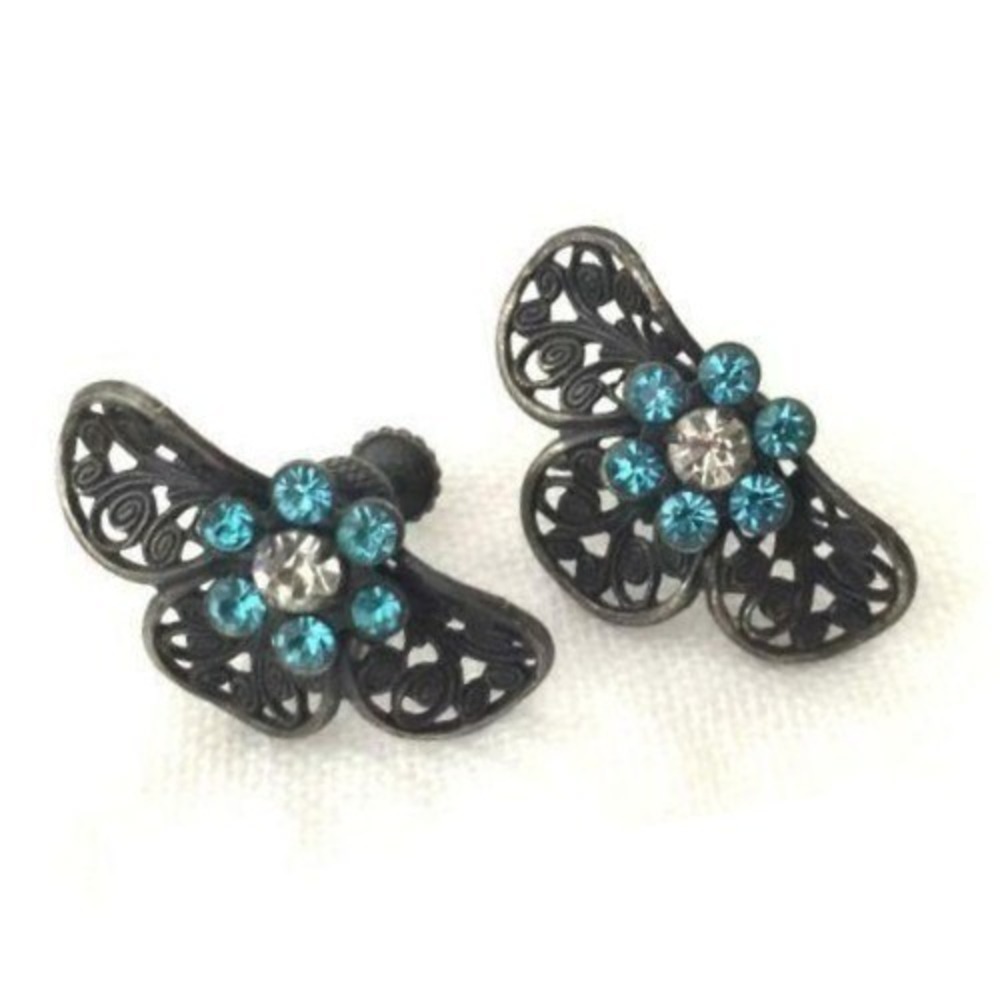 Vintage‎ Beautiful Silver Plated Filigree Metal Flower Aqua Rhinestone Earrings